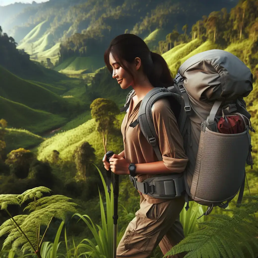 An adventurous hiker with a minimal, efficiently packed backpack, trekking through picturesque scenery.