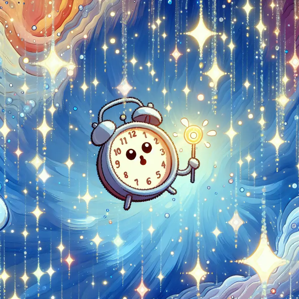 A philosophical image portraying a whimsical clock interacting with frozen particles.