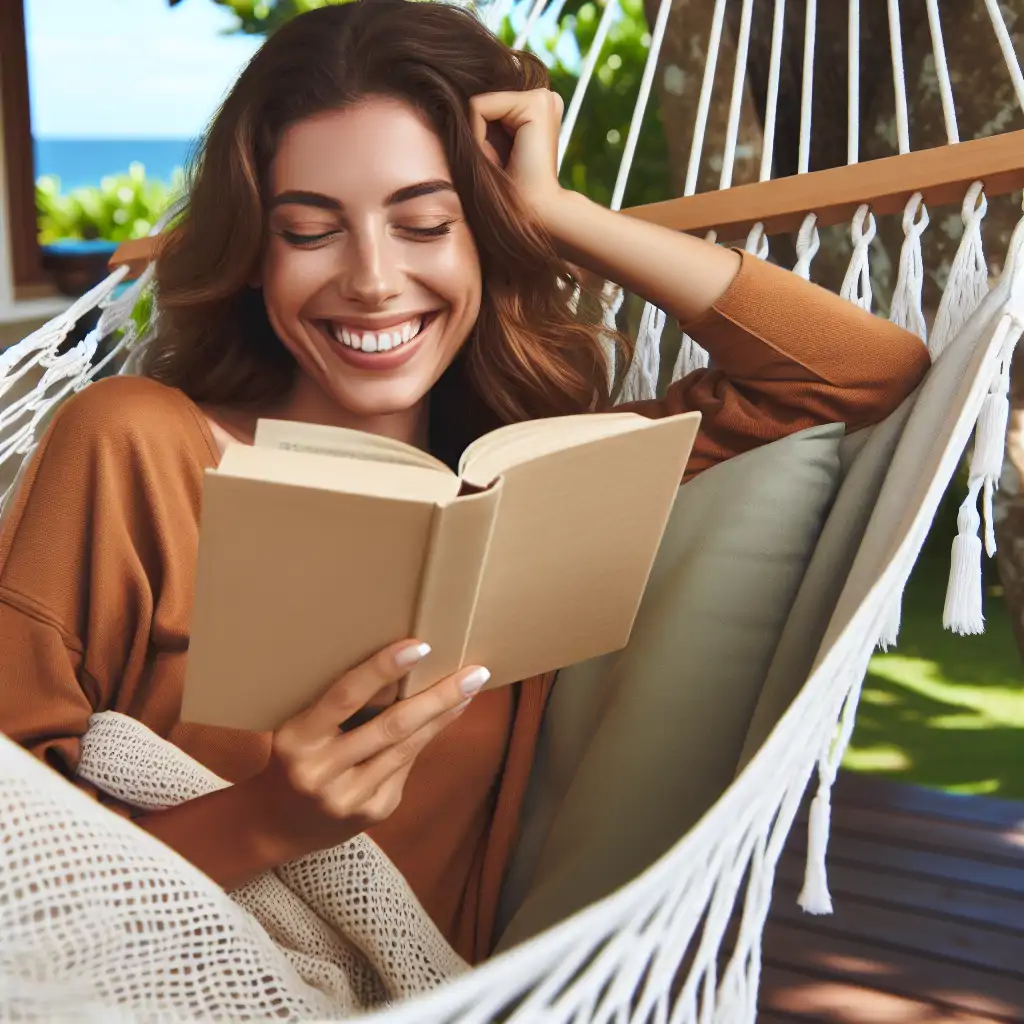 A delighted individual reading a book while comfortably lounging in a hammock, embodying the tranquil essence of hammocking.