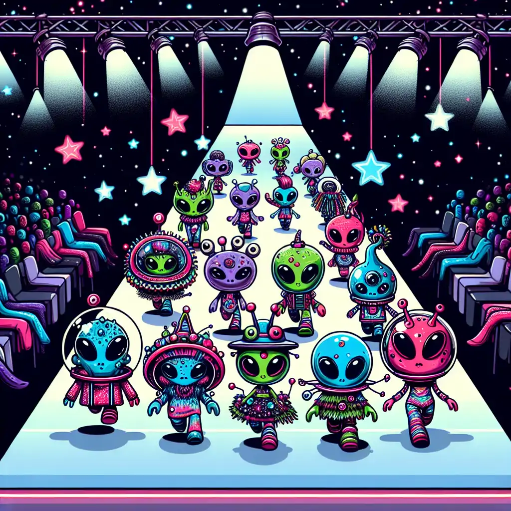 A colorful illustration of aliens walking down a cosmic fashion runway, wearing out-of-this-world outfits.