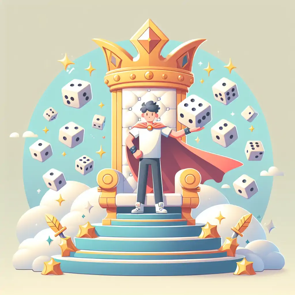 An epic closing image depicting a hero wielding dice, poised for victory atop a dice throne, symbolizing the triumph of strategy and chance.