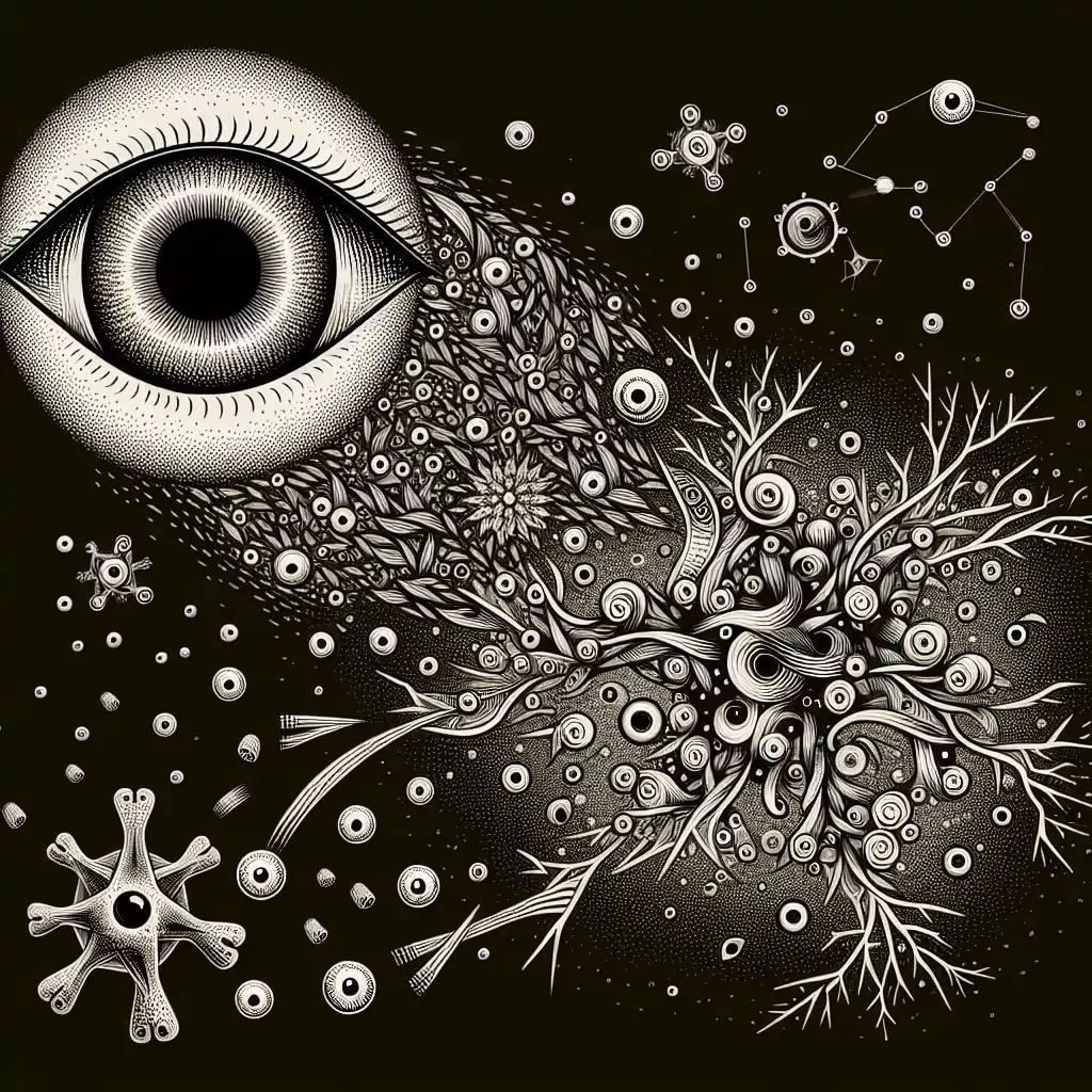 A humorous illustration of particles freezing mid-action under a whimsical, oversized eye.