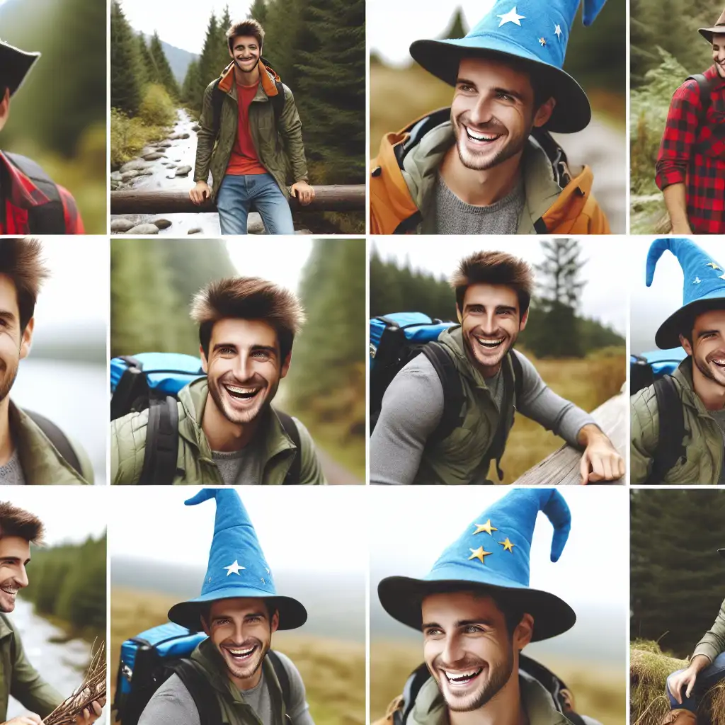 A collage of candid photos showcasing Quentin amidst various adventures, always donning a smile and, more often than not, a wizard hat.