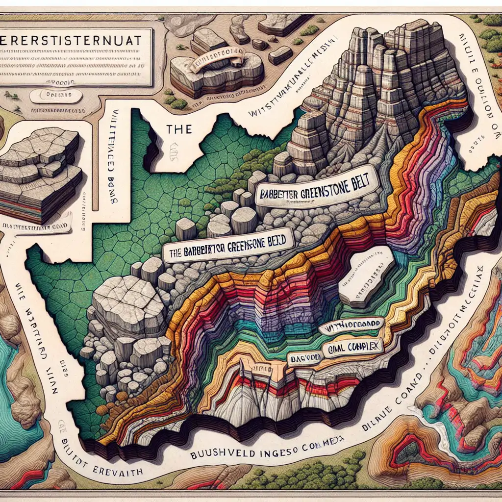 A detailed geological map showcasing the major formations such as the Barberton Greenstone Belt, Witwatersrand Basin, and Bushveld Igneous Complex, with humorous annotations like ‘Gold Galore’ and ‘Platinum Pancakes’.