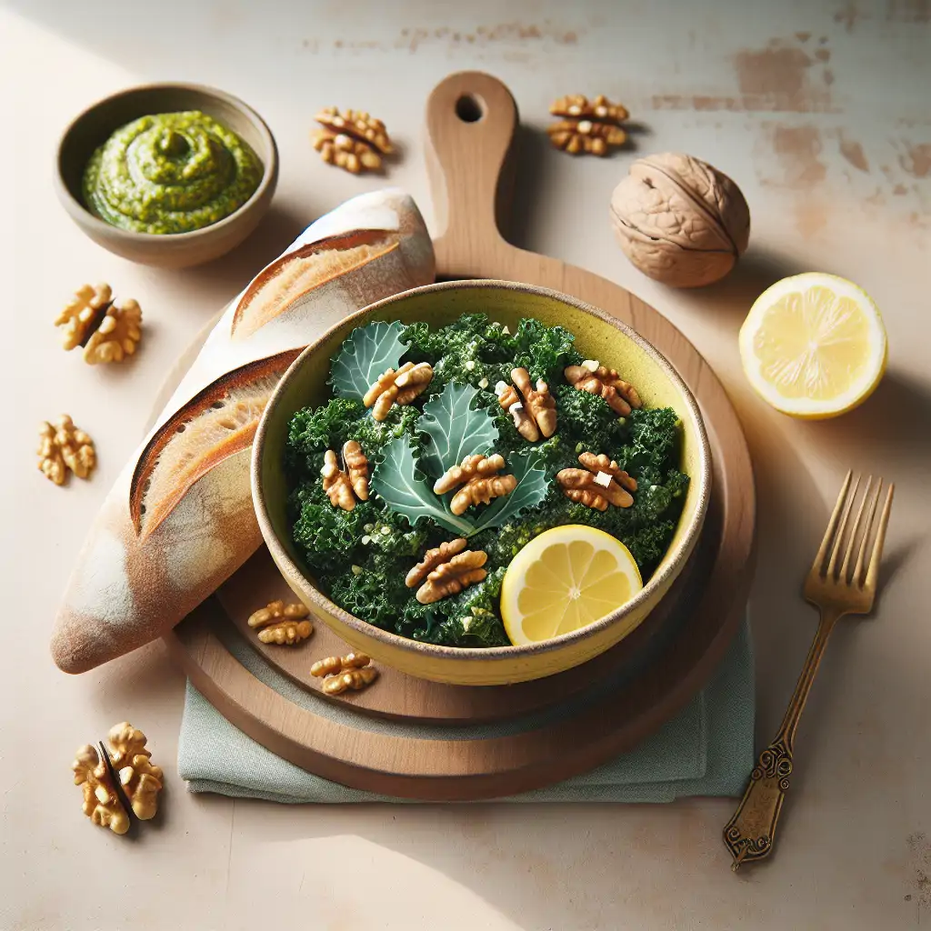 A beautifully presented bowl of kale and walnut pesto accompanied by fresh bread and a lemon slice, with a subtle Nordic theme.