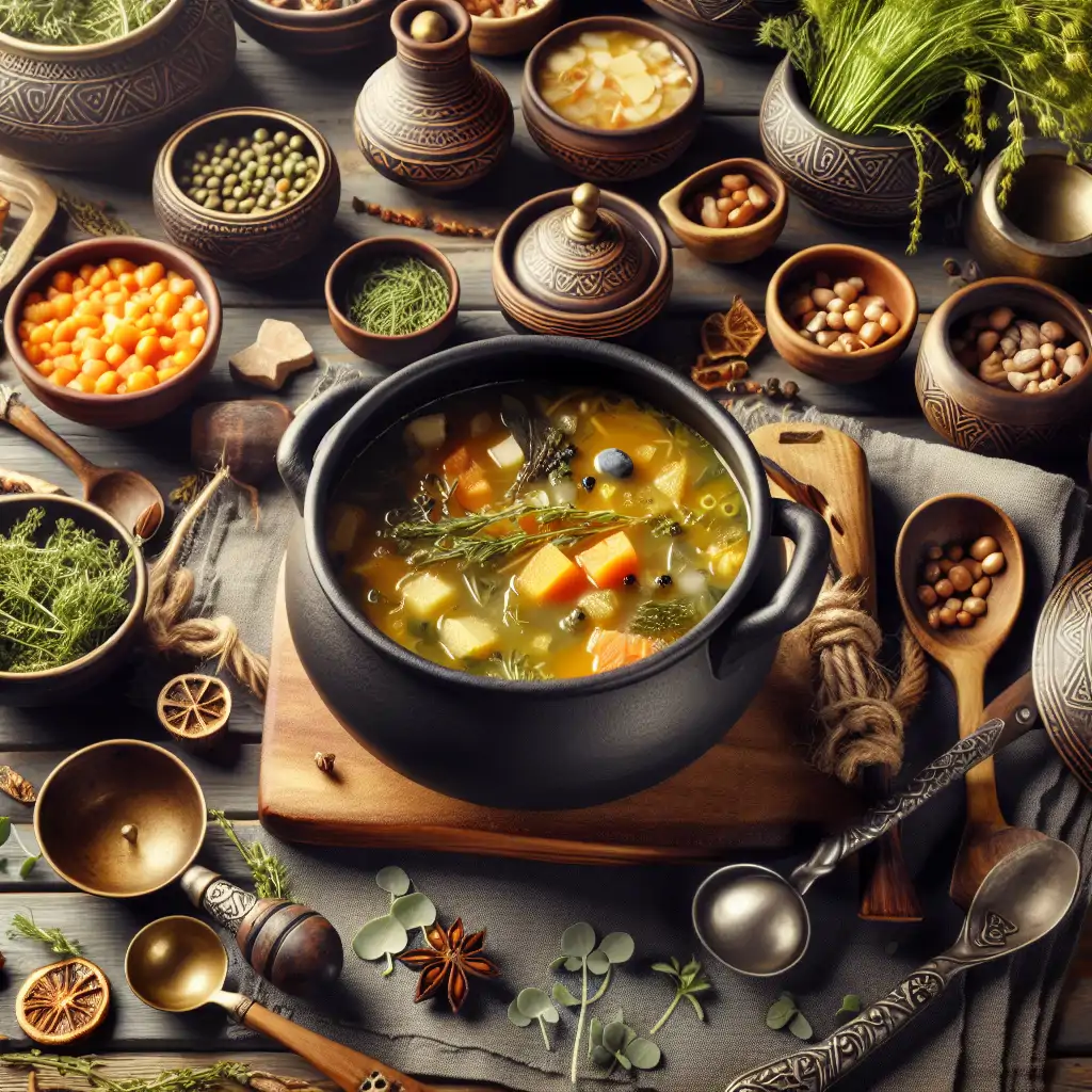 A pot of warm, hearty vegan soup surrounded by bowls, ladles, and herbs, symbolizing a Viking feast.