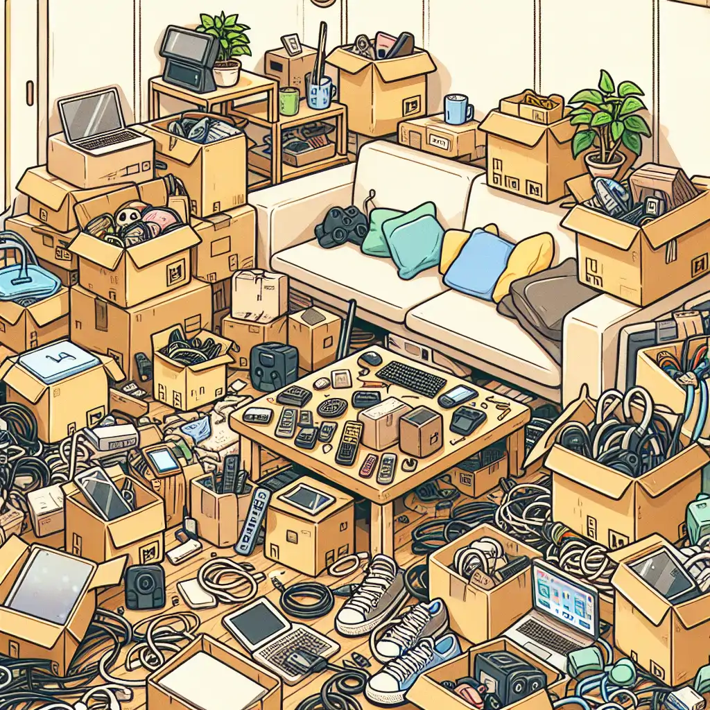 A cartoon-style illustration of a living room filled with boxes, cables, and tech gadgets, suggesting hidden treasures among the clutter.