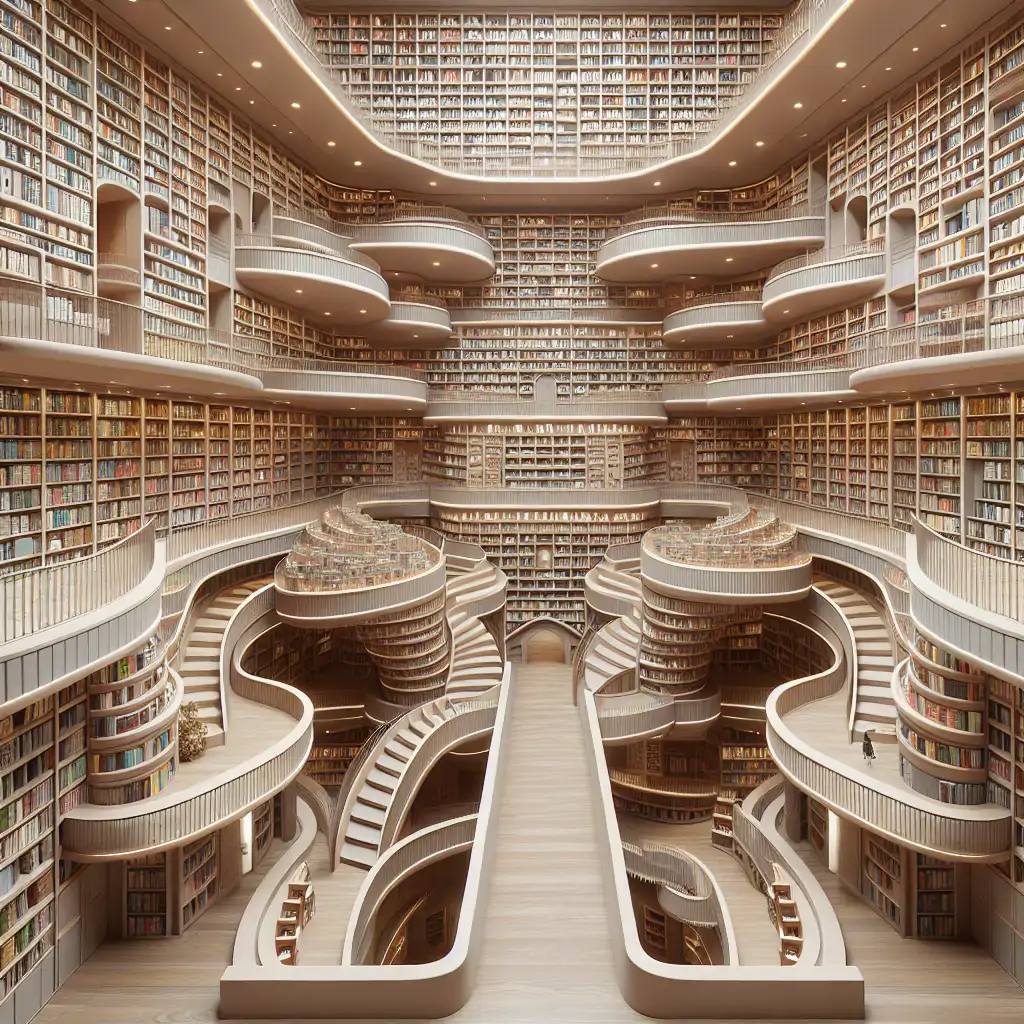A sprawling library with towering shelves filled with an eclectic array of books, winding paths inviting exploration.