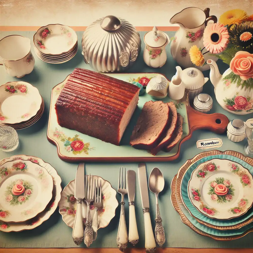 A table set with retro dishware and utensils, showcasing slices of updated meatloaf.