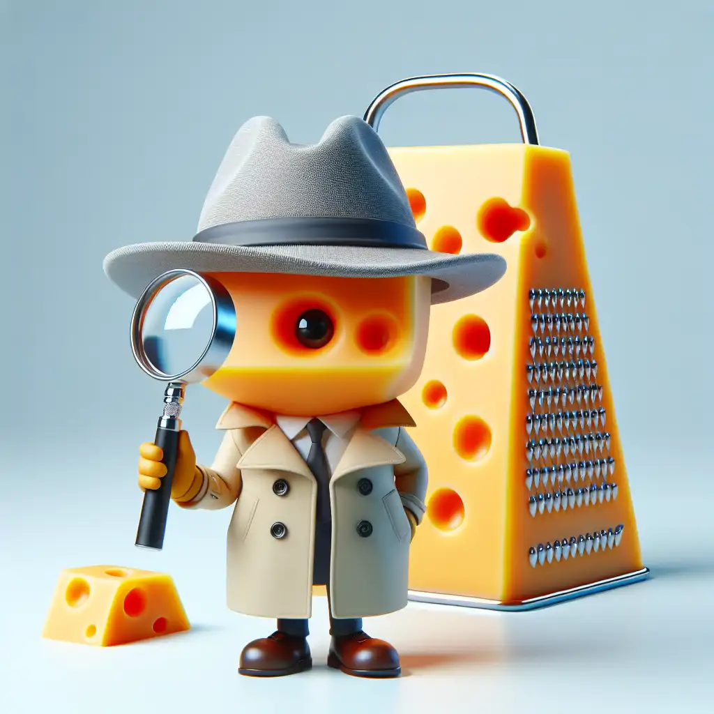 A cartoon cheese detective tipping its hat with a cheese grater in the background, symbolizing the search for truth.