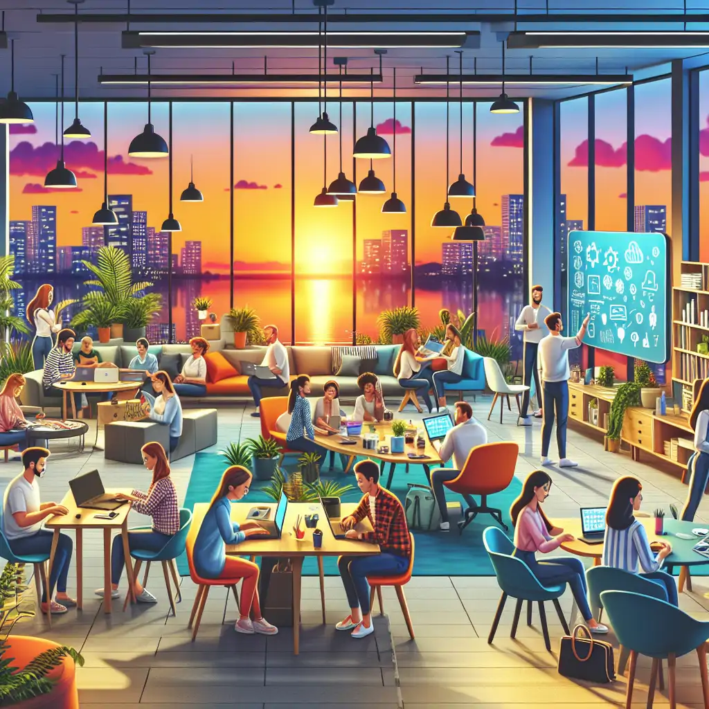 A sunset view over a vibrant modern coworking space bustling with people engaged in various activities, exuding camaraderie and innovation.