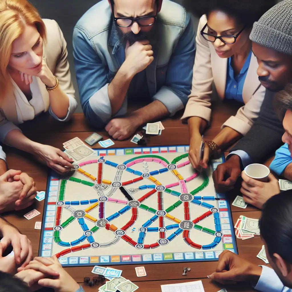 Players intensely engaged around a Ticket to Ride board, thoughtfully planning their next railway strategy.