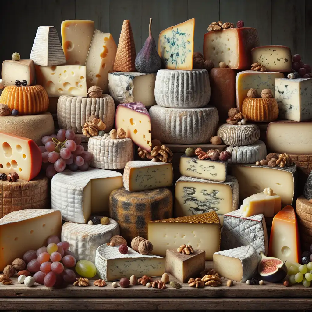Various bizarre cheeses from around the world arranged into a cheese board, displaying their unique appearances and textures.