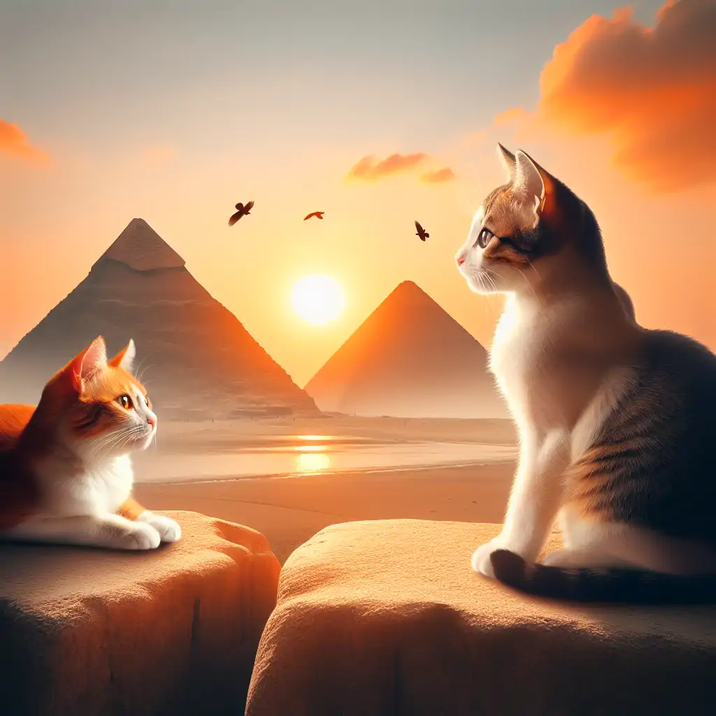 A serene image of a cat gazing at a sunset over the pyramids, symbolizing the eternal bond between cats and Egyptian heritage.