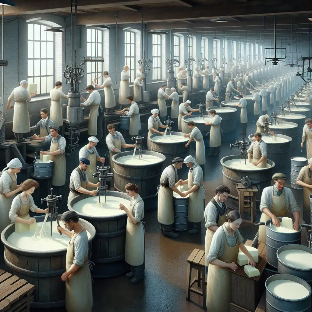 An old-fashioned cheese factory with workers in aprons curdling milk in large vats, giving a glimpse into the industrialization of cheesemaking.