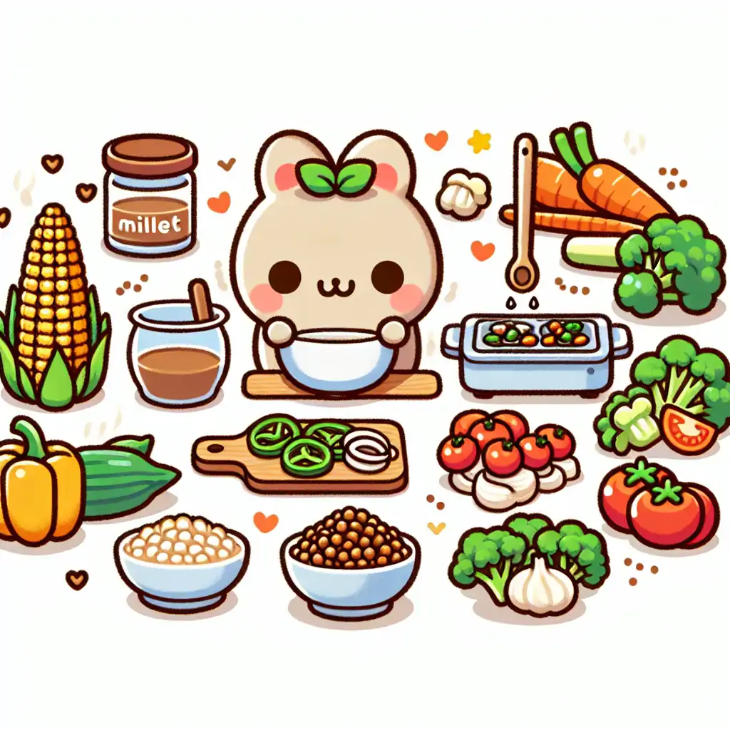 A step-by-step photo guide showing the preparation of millet and roasted vegetables.