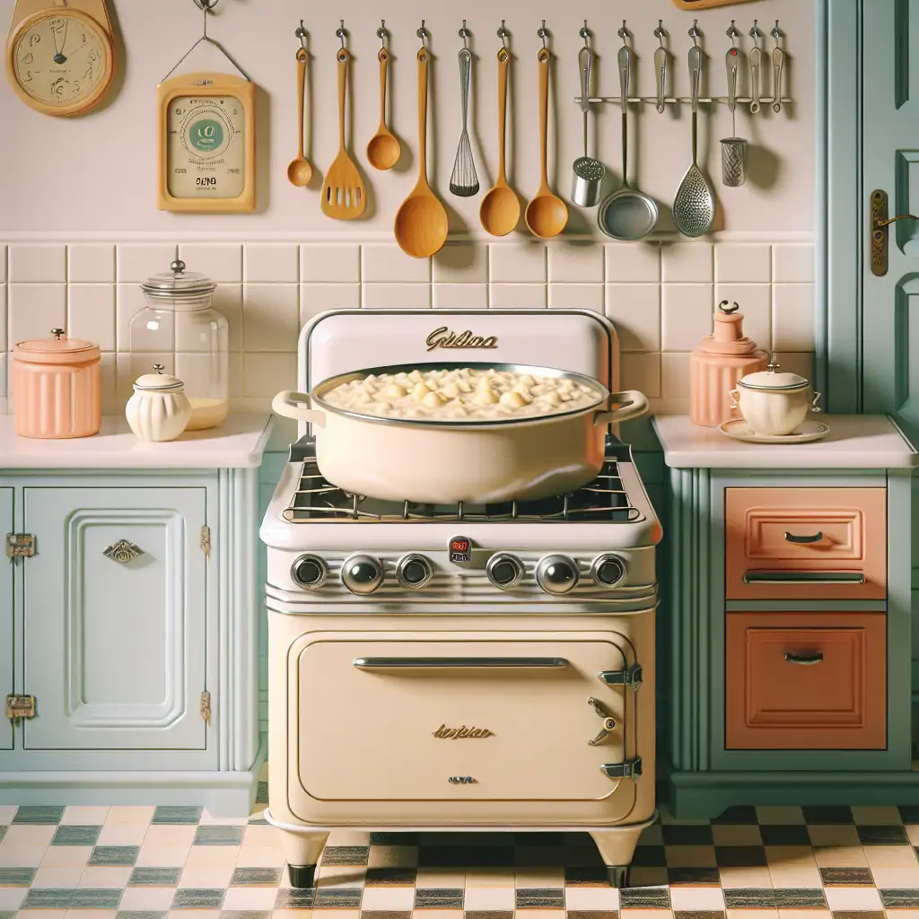 A vintage kitchen scene from the 1960s with a pot of risotto on the stove.