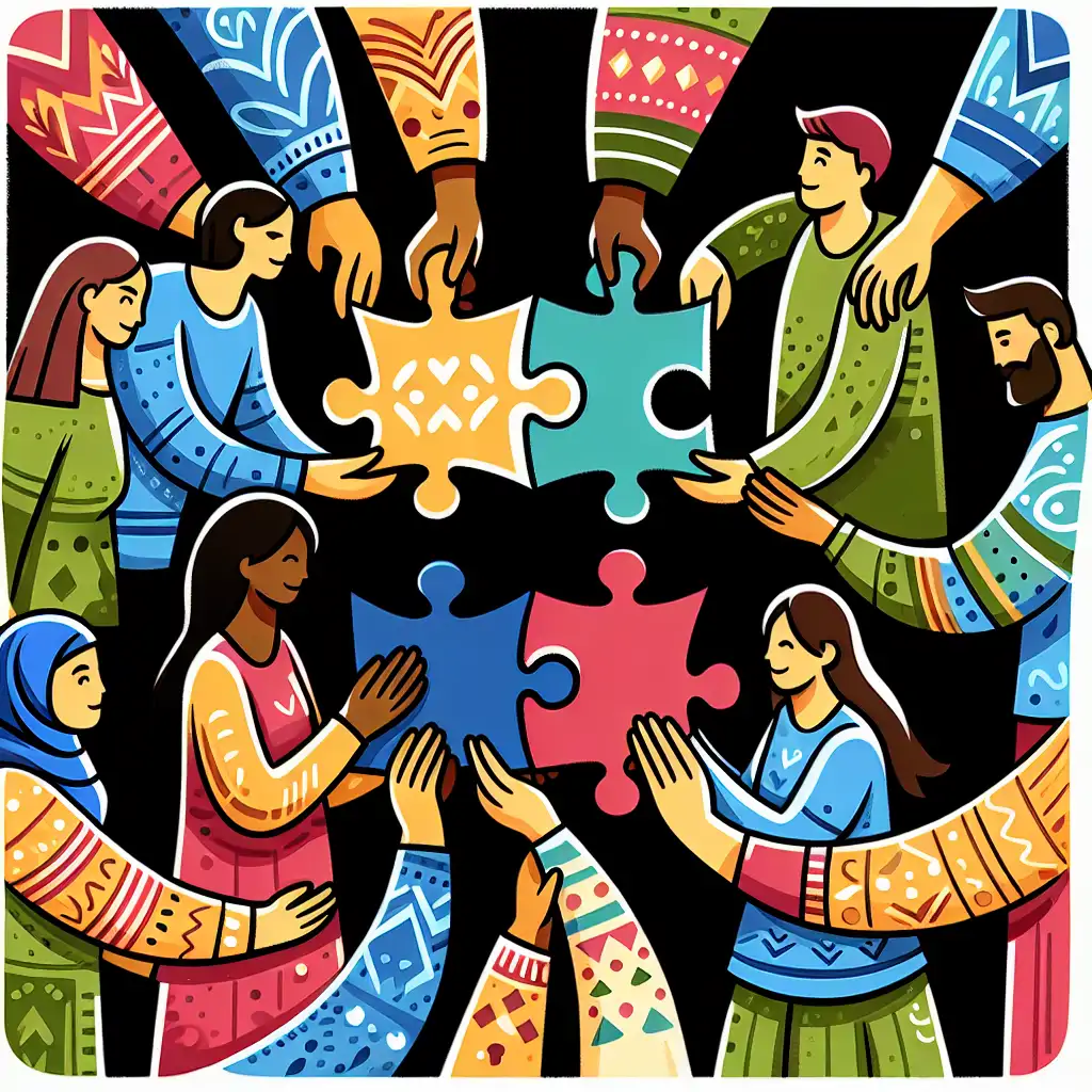 A vibrant illustration of diverse individuals supporting each other, each holding a piece of a puzzle symbolizing collective strength in resilience.
