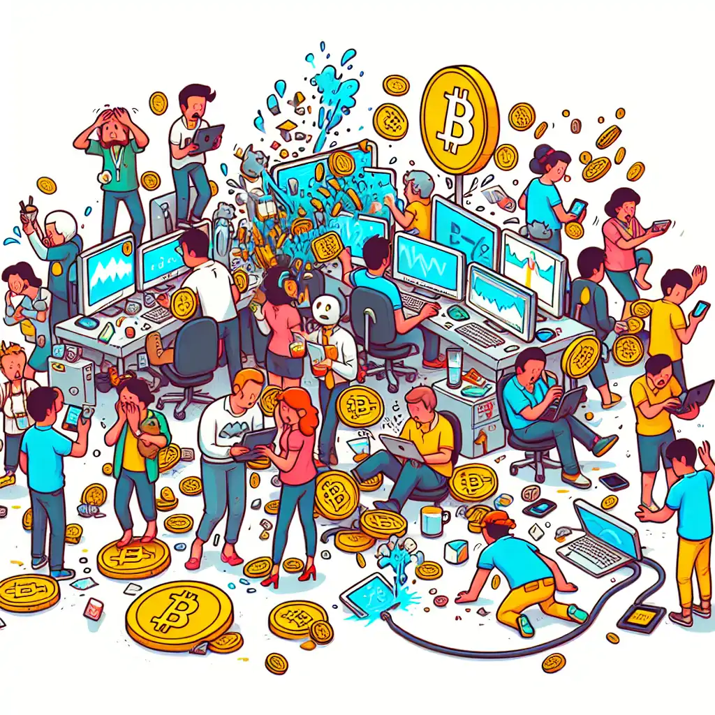 A humorous depiction of a crowded crypto party with various digital and physical mishaps happening simultaneously.