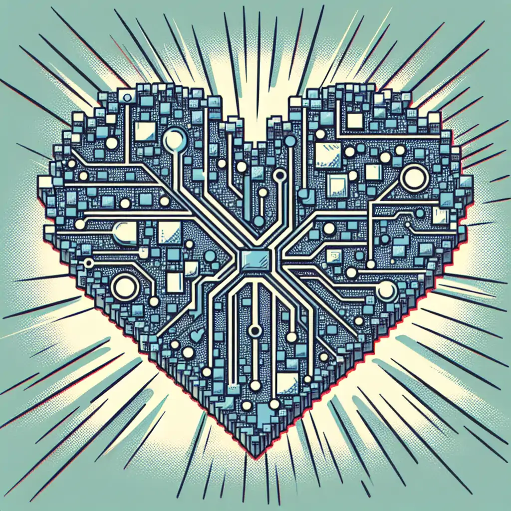 A lighthearted image of a heart made of blockchain snippets, symbolizing love and technology intertwined.