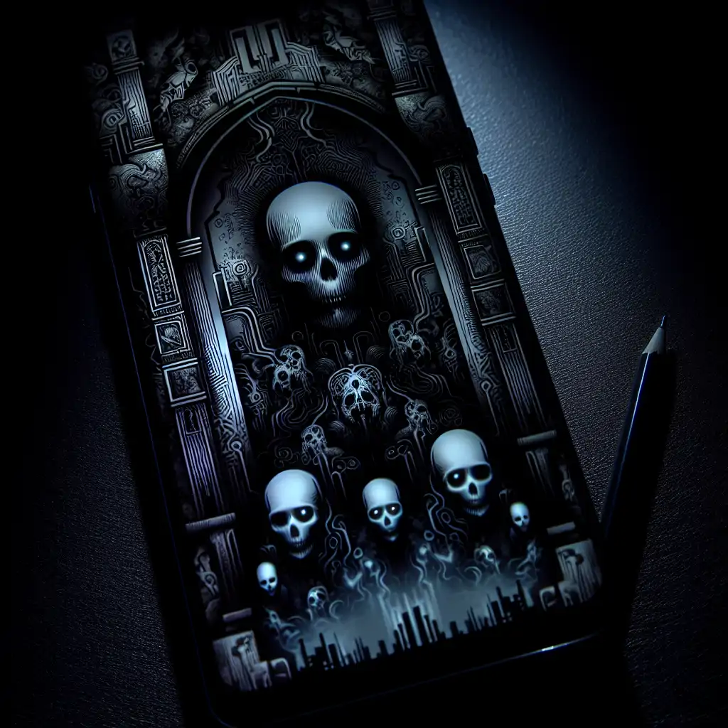 A dimly lit smartphone screen with ghostly apparitions