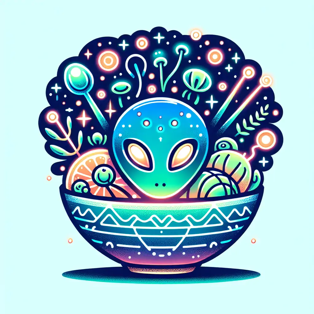 A detailed graphic of an alien dish composed of glowing, mysterious ingredients.
