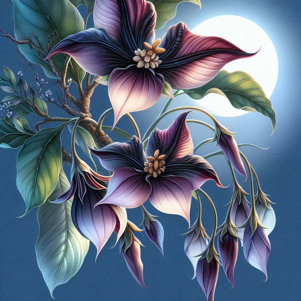 A captivating image of bat flowers with their unique dark petals unfurled in the moonlight.