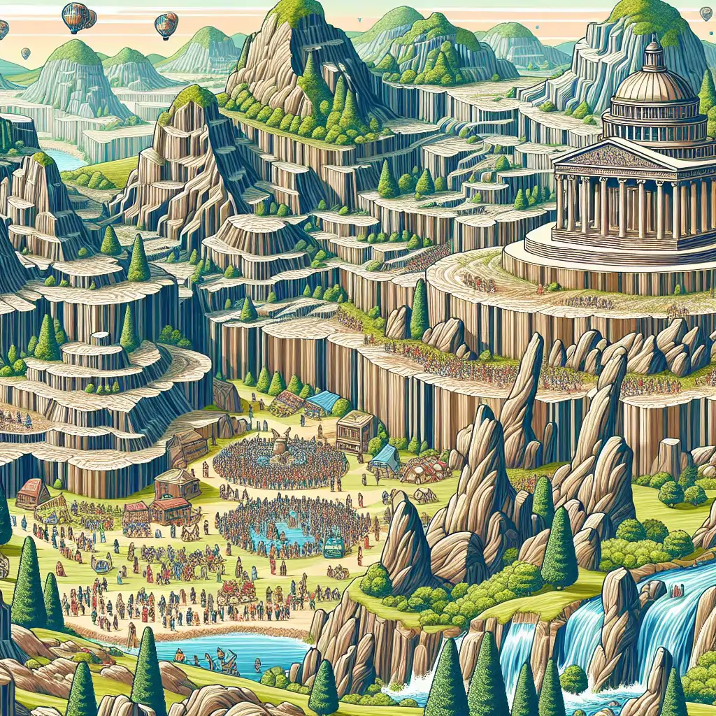 A picturesque volcanic landscape with basalt layers and local festivals celebrating geology.