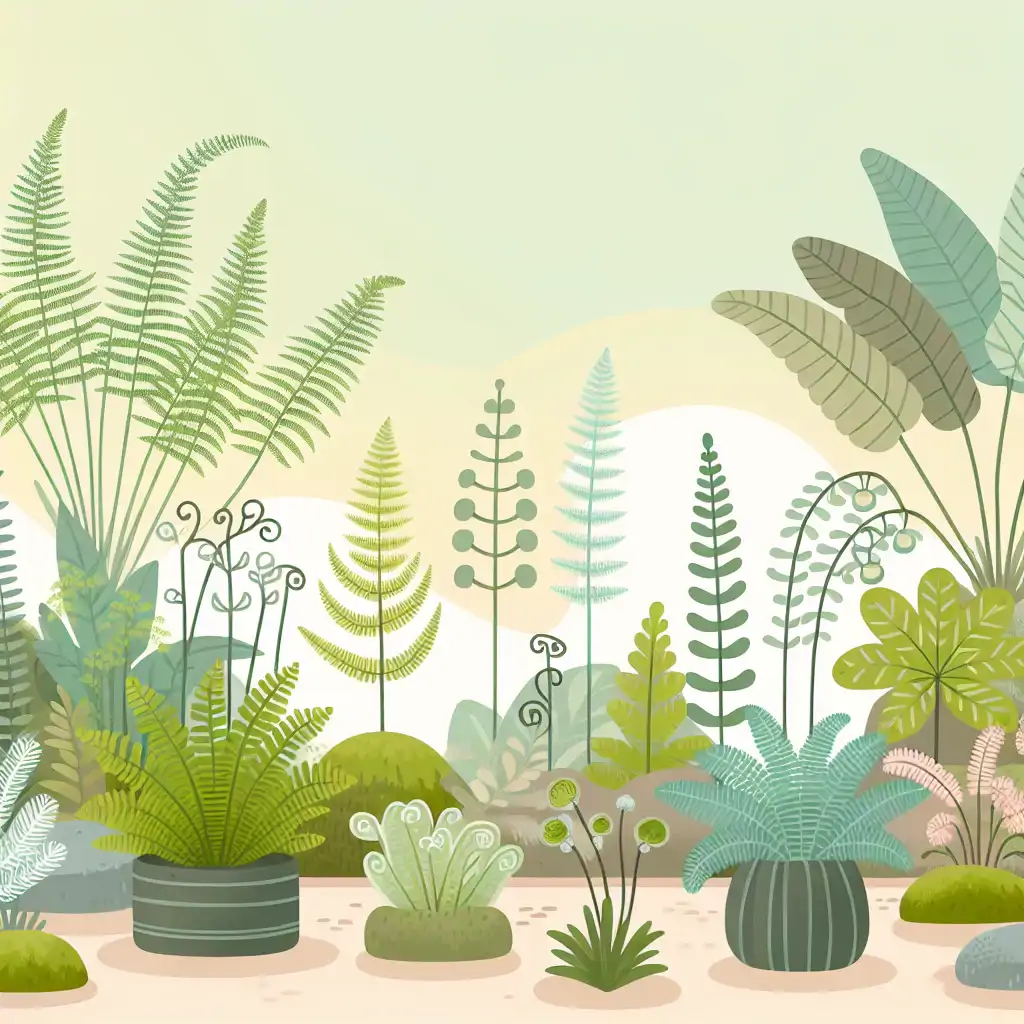 A serene garden scene featuring various types of unusual ferns, providing a tranquil and whimsical atmosphere.