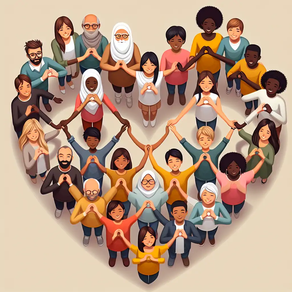 A group of diverse individuals forming a heart shape with their hands, symbolizing collective empathy.