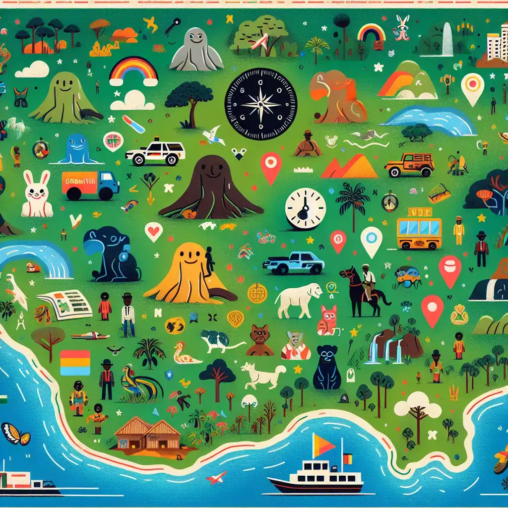 A colorful map illustrating Gabon’s greenstone belts adorned with playful and humorous icons representing some of the amusing tales found within.