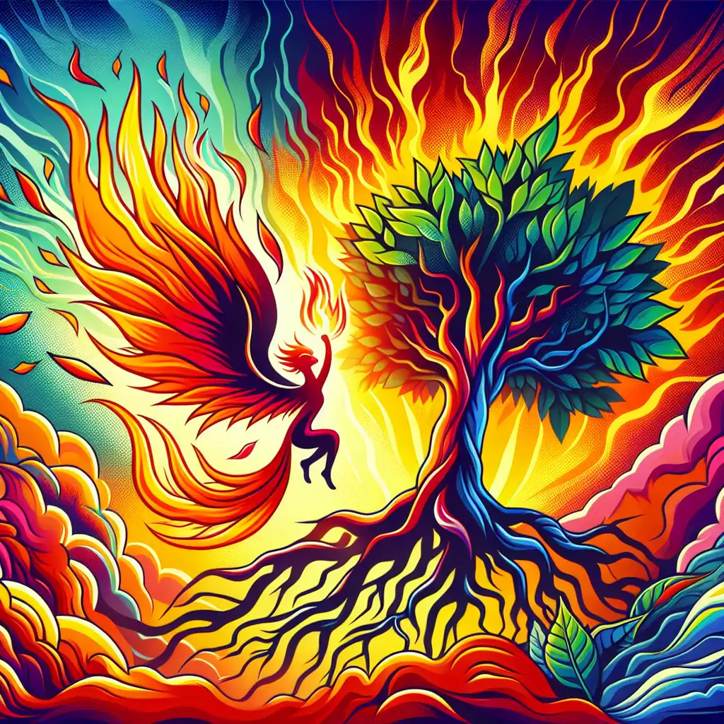 A hopeful and vibrant image symbolizing mental resilience, like a phoenix rising or a tree with deep, strong roots.