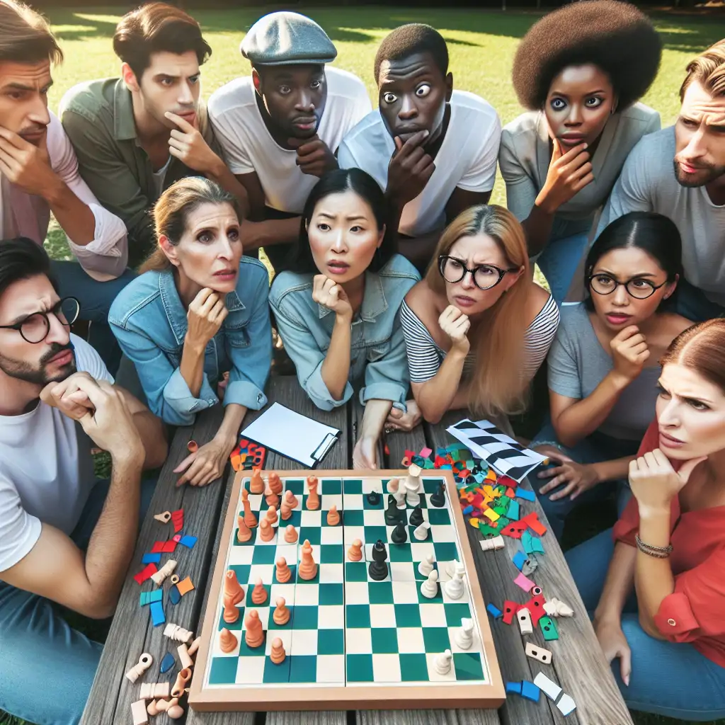 A group of players huddled around a game board, discussing strategy.