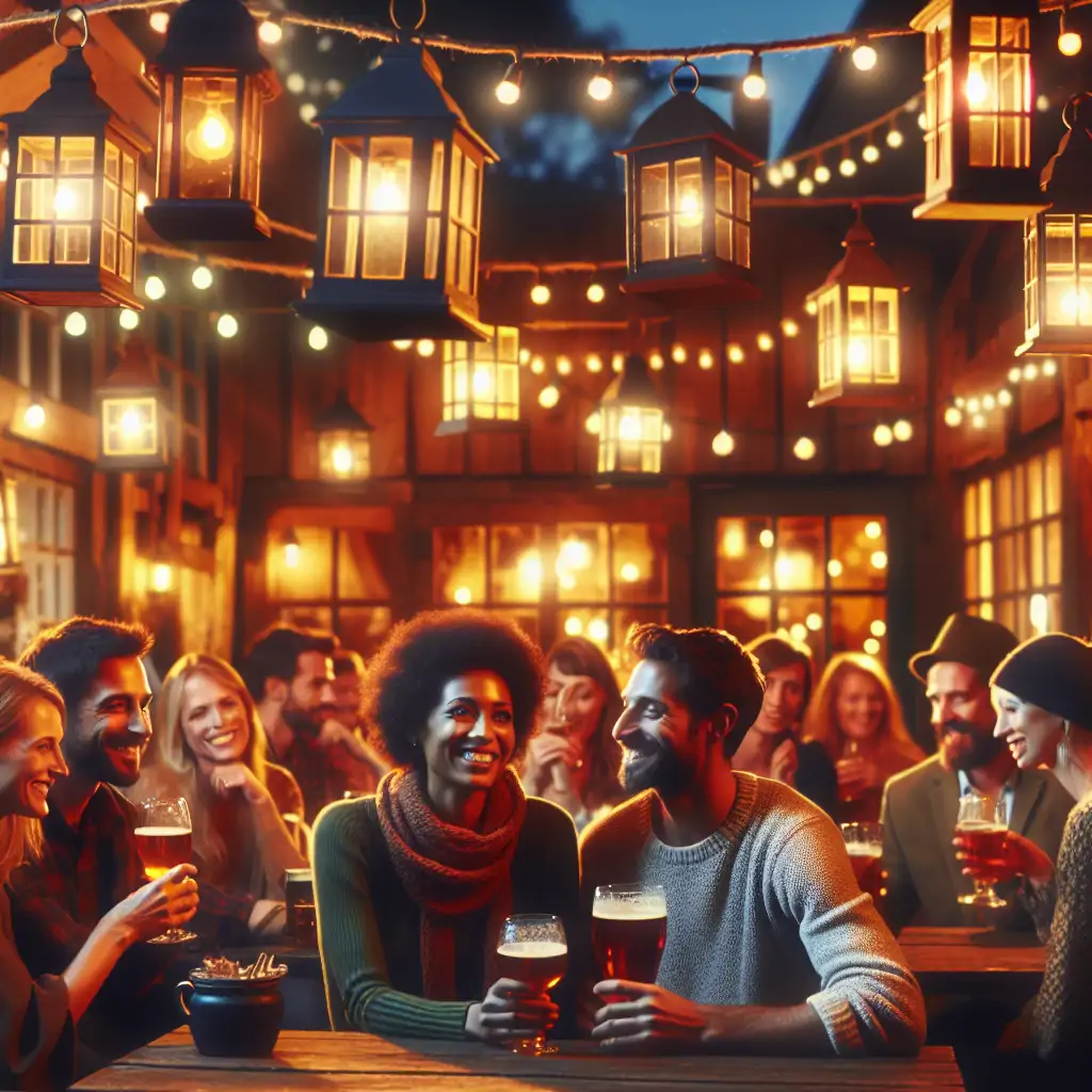 A cozy, rustic pub at dusk, scene set with glowing lanterns and lively patrons enjoying festive brews.