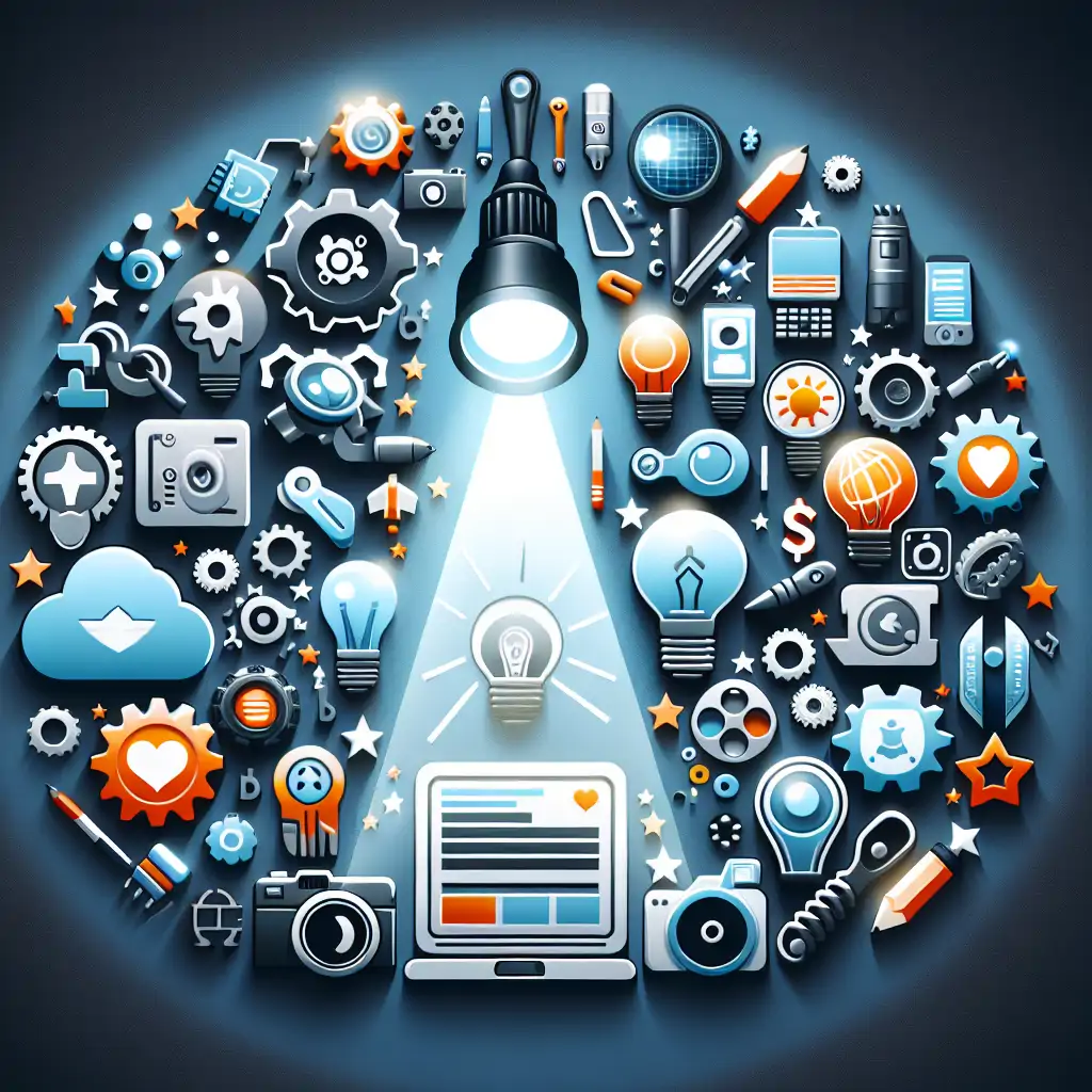 A spotlight illuminating various high-tech tools representing BlogBase's features.