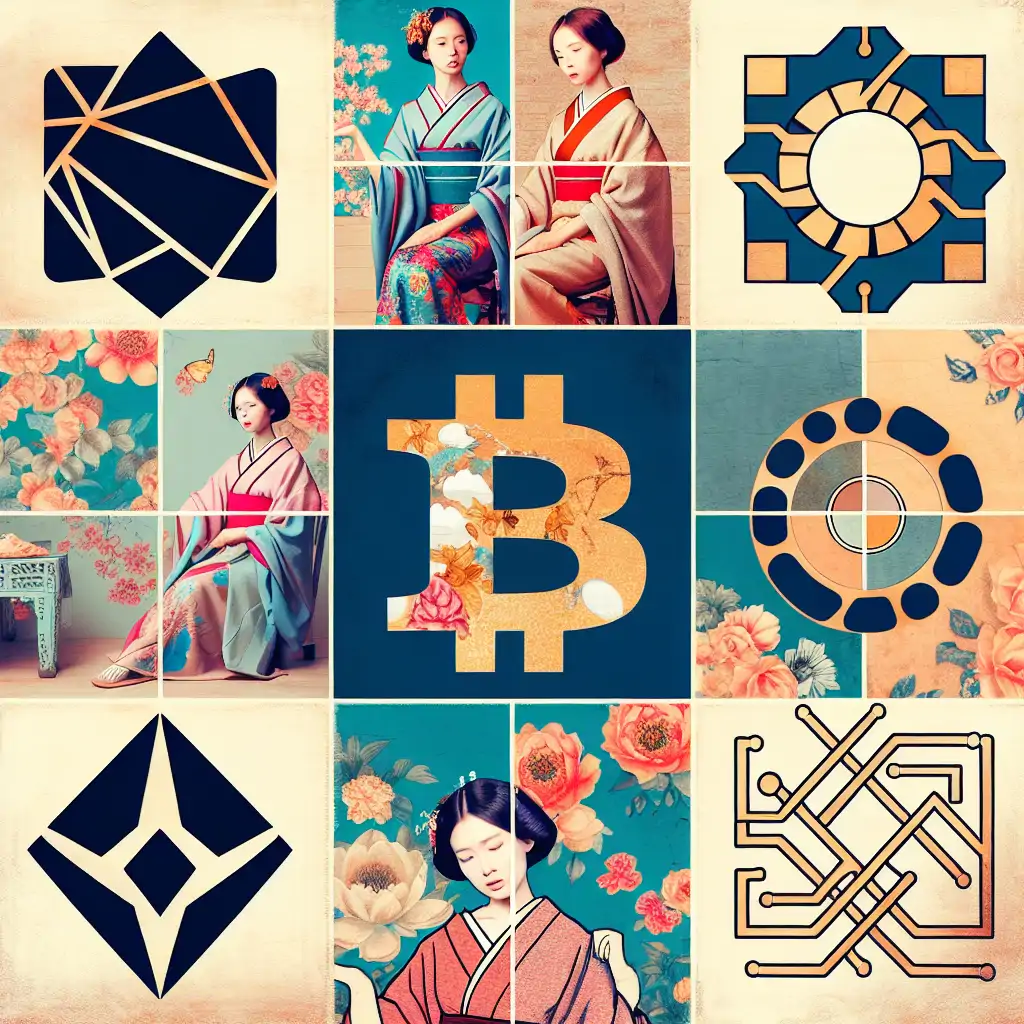 A collage illustrating the fusion of traditional fashion elements with digital symbols and blockchain motifs