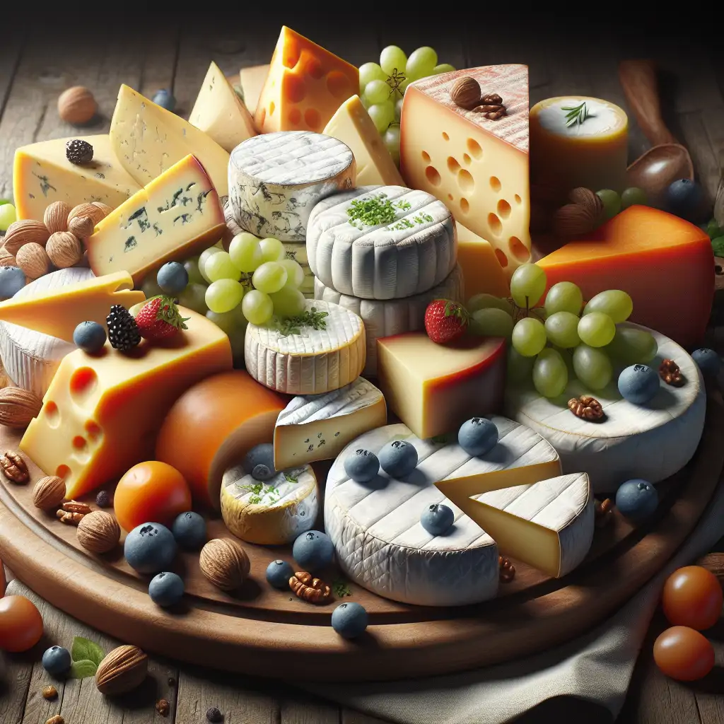 A cheerful arrangement of various cheeses on a wooden board, displaying the variety and richness of different cheese types.