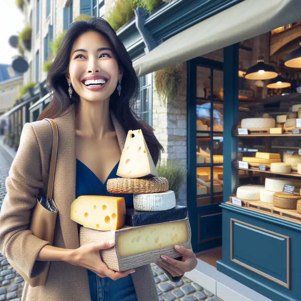 A joyful scene showing a customer leaving a cheese shop with an assortment of cheeses in hand, looking satisfied and triumphant.
