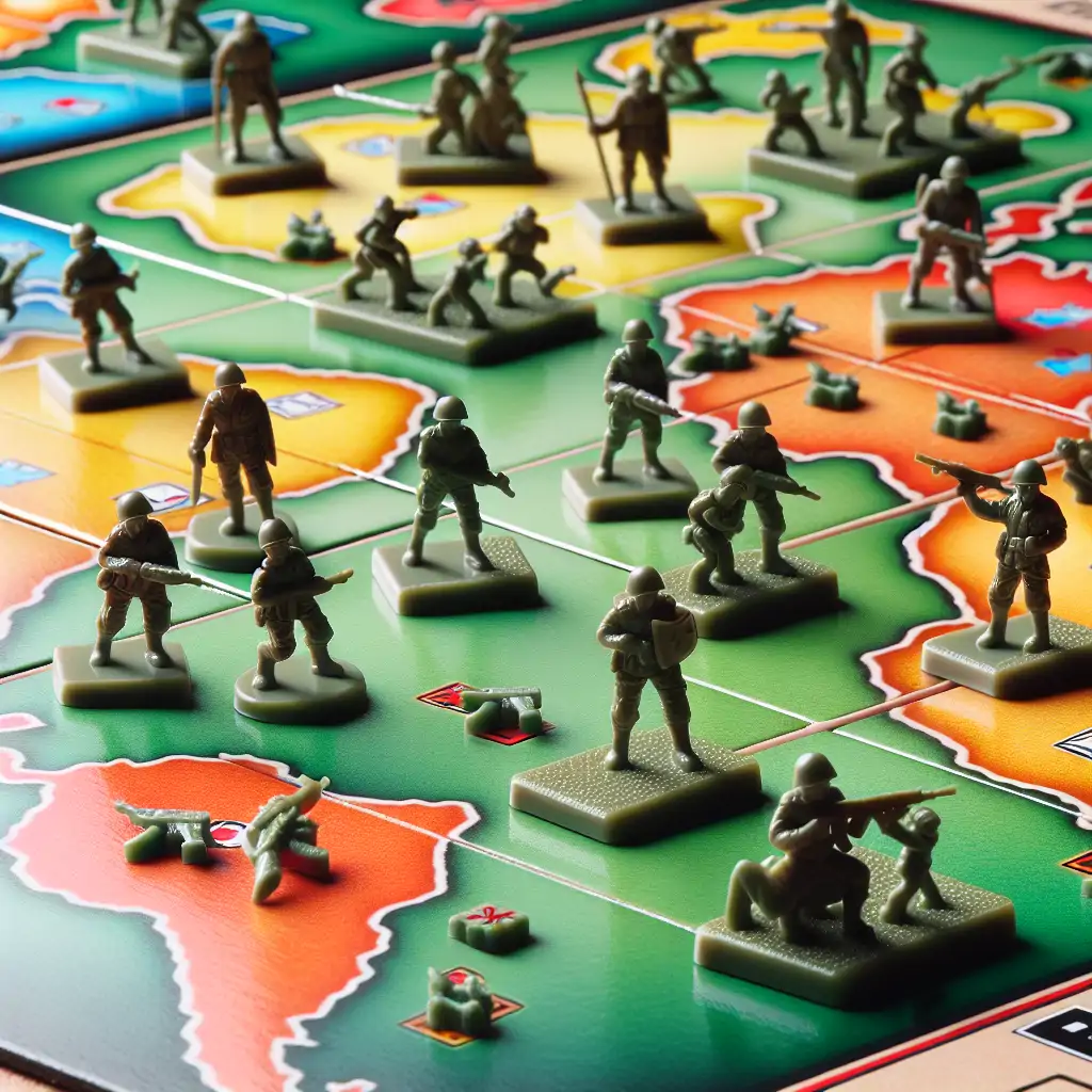 A detailed Risk game board with troops and territories in mid-game play.