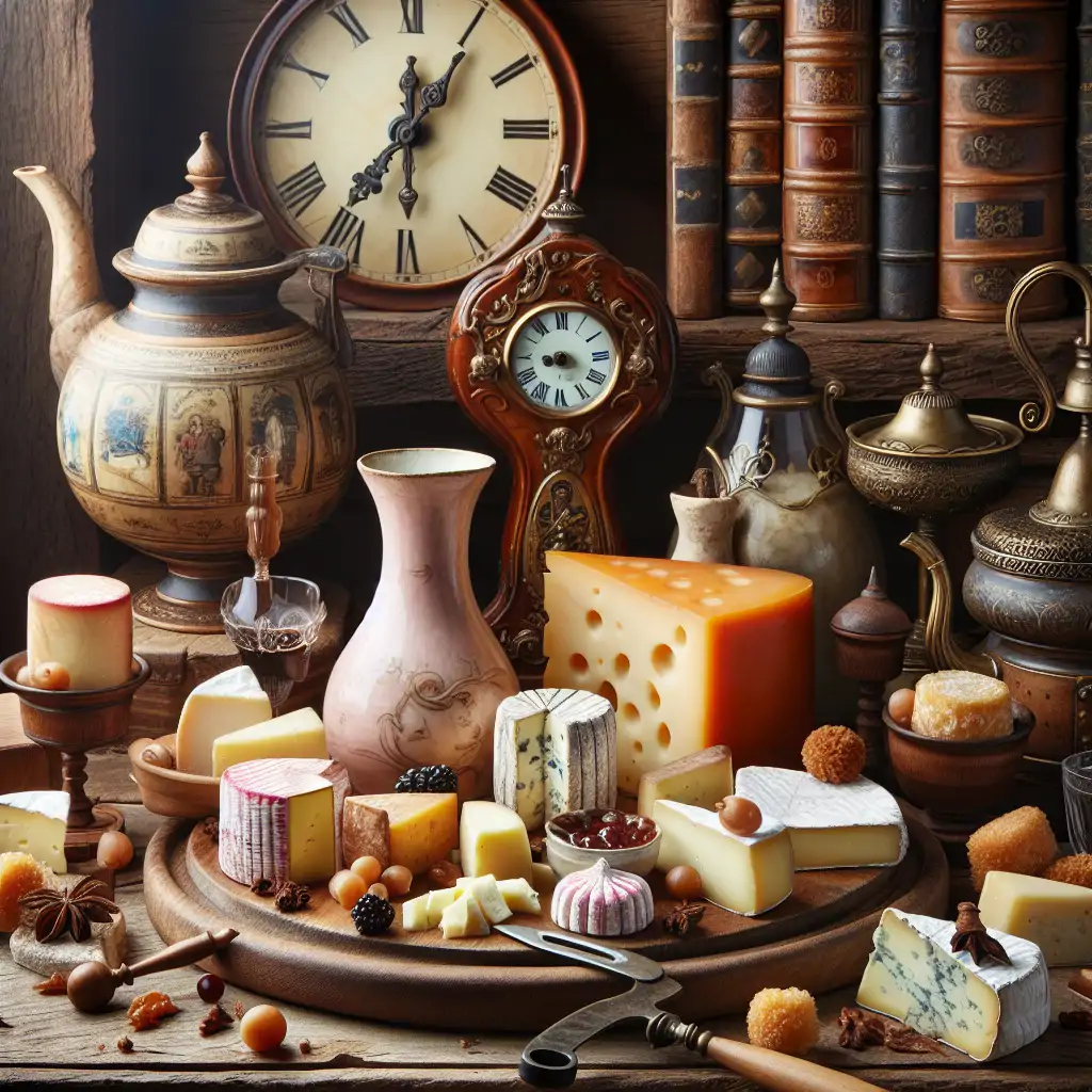 A rustic cheese board with diverse cheeses and historical artifacts, symbolizing the blend of old and new.