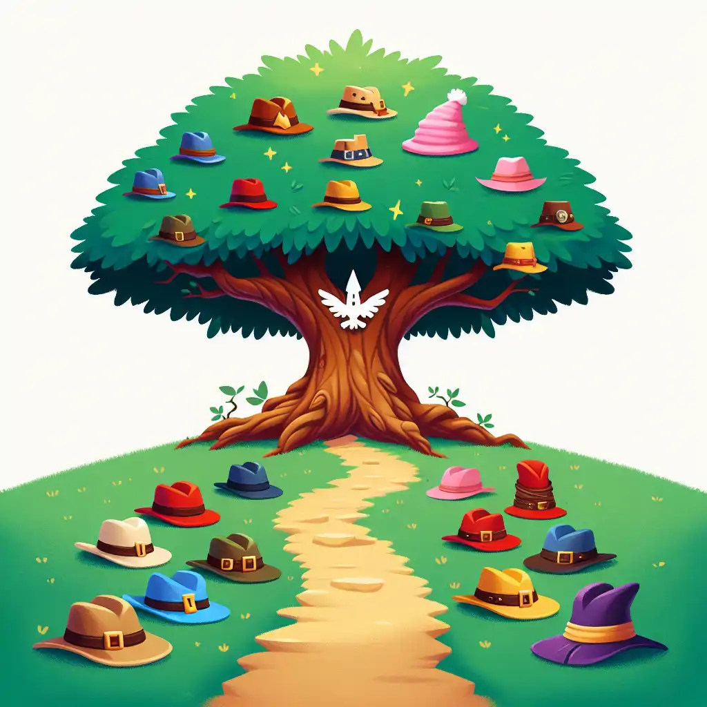 Image of a grand tree, symbolizing the finality of choosing the right adventure hat, crowning a trail of hats.