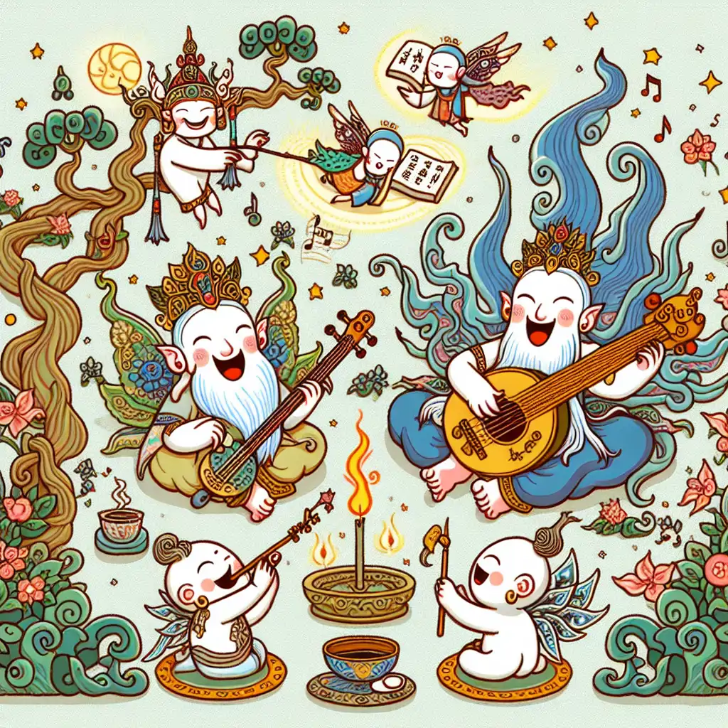 A whimsical illustration of various kami engaging in playful activities.