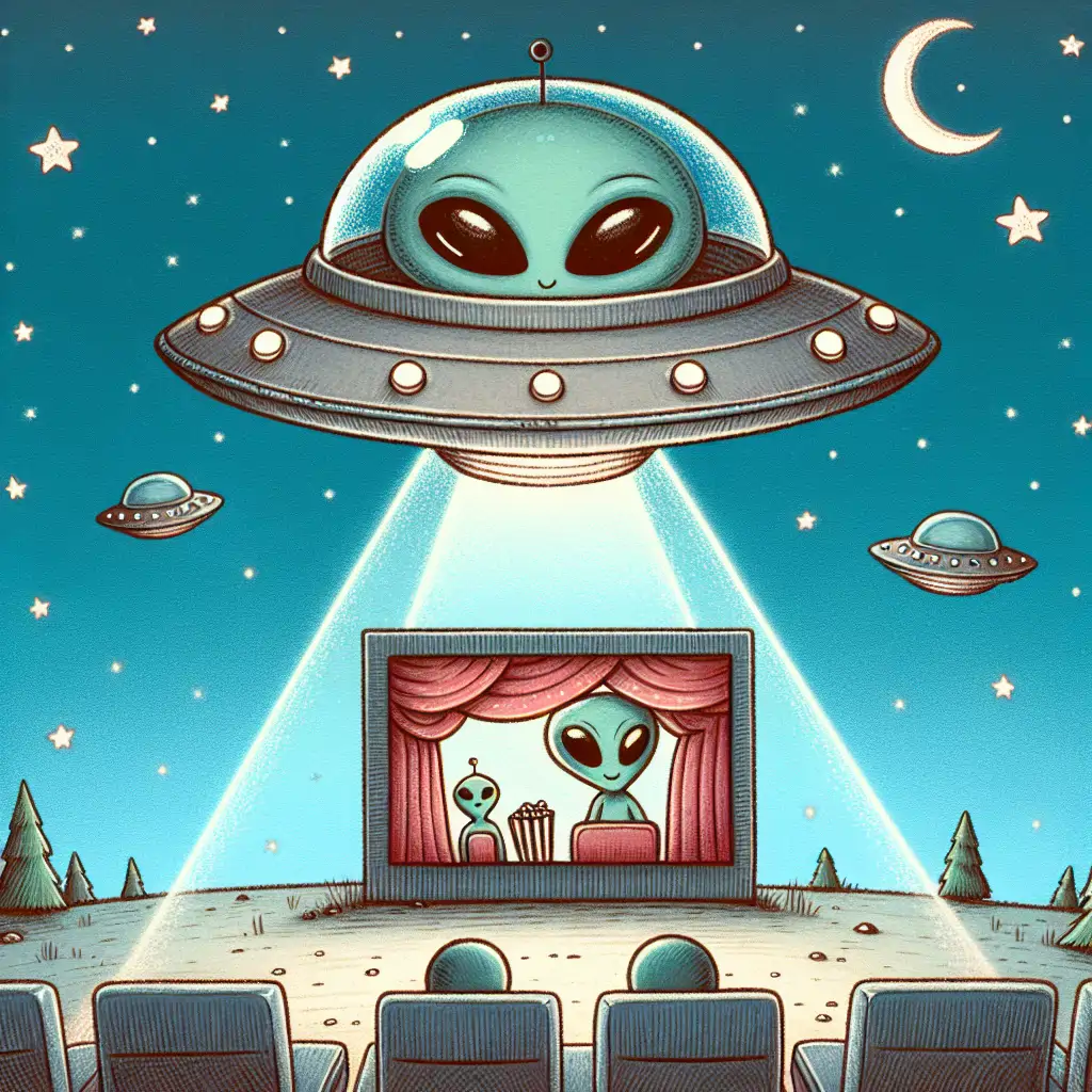 A playful illustration of a flying saucer hovering above a vintage drive-in movie theater, with aliens visible inside enjoying a film.