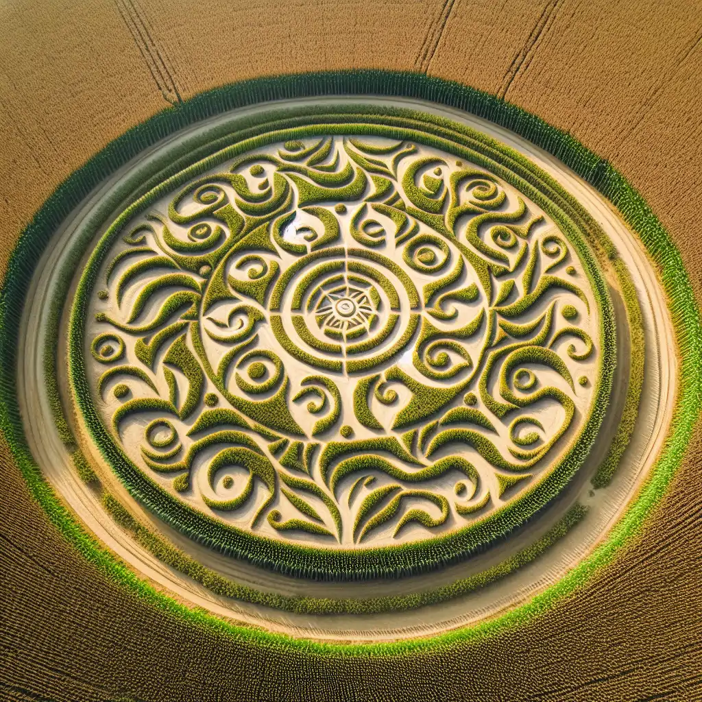 Aerial view of an intricate crop circle design in a cornfield, highlighting the mysterious and artistic appeal.