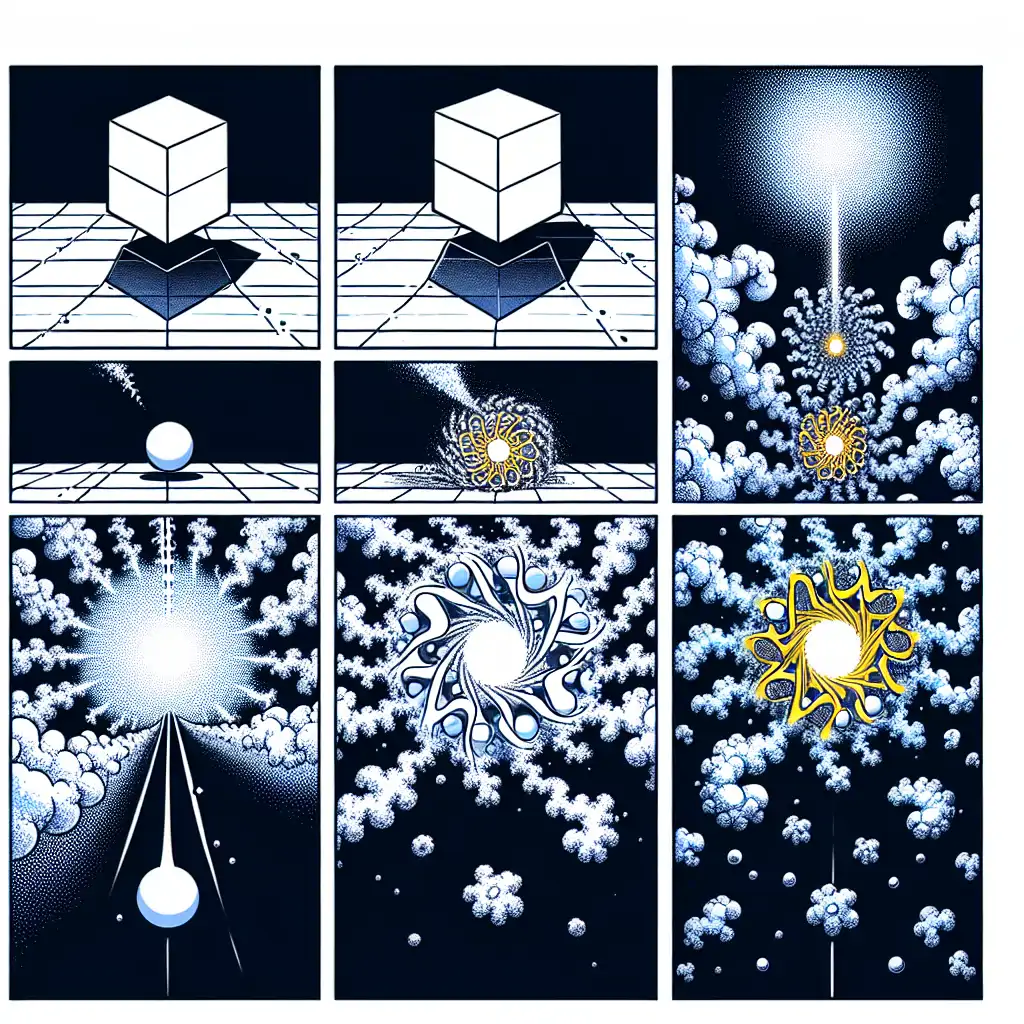 A particle's journey from wild quantum antics to orderly existence depicted as a comic strip.