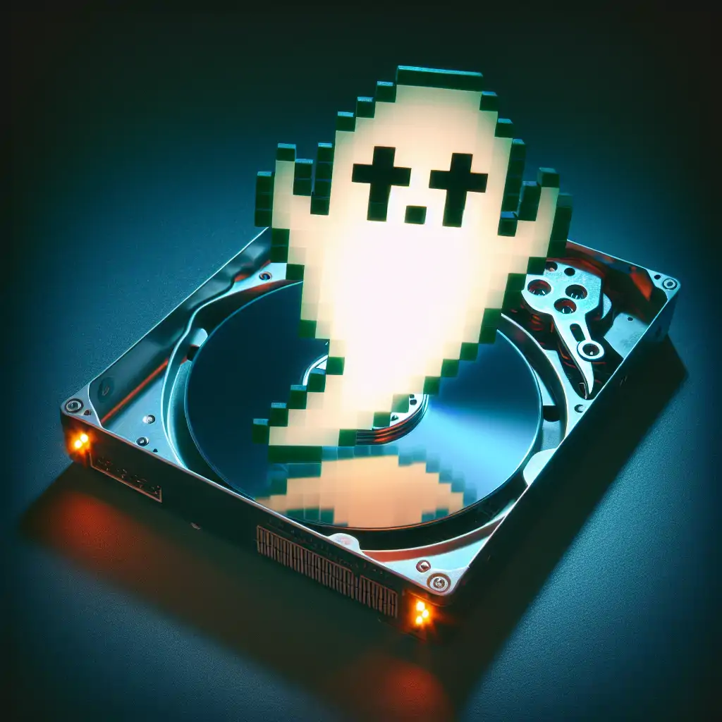 A pixelated ghost hovering over a vintage hard drive, casting an eerie glow.