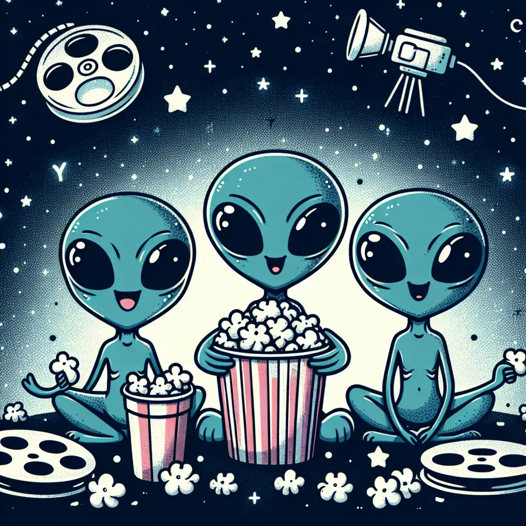 A whimsical depiction of aliens enjoying a movie night under the stars, with popcorn and film reels.