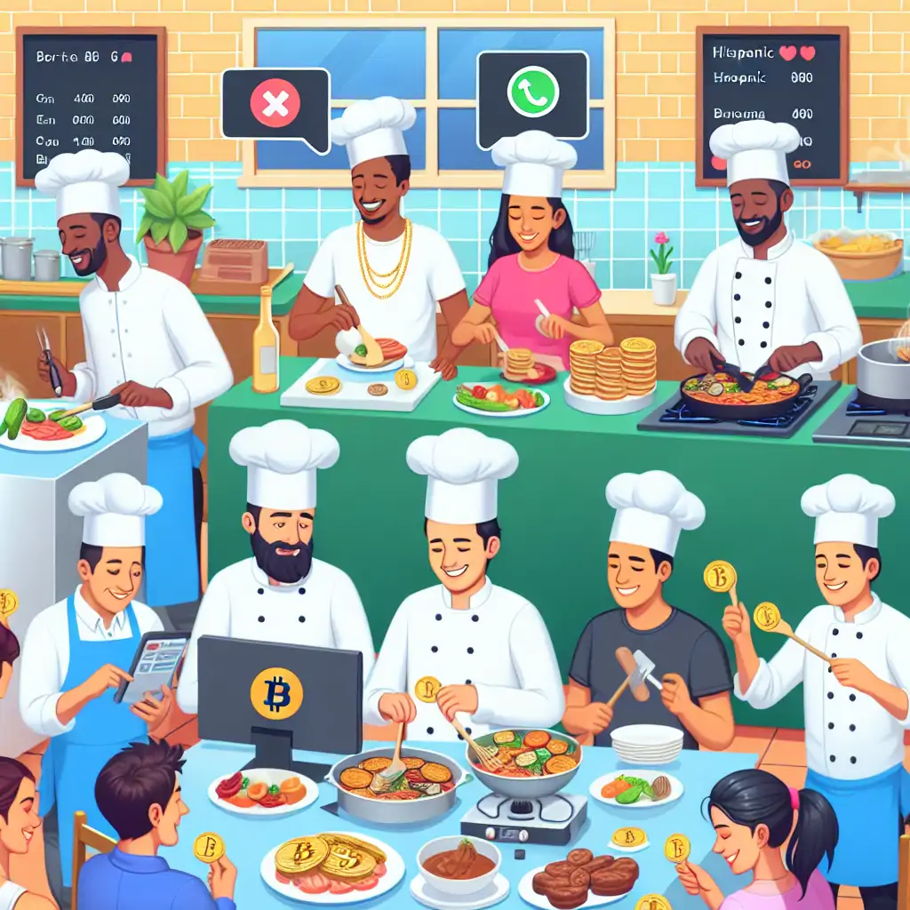 A lively scene of chefs trading crypto while cooking in a bustling kitchen