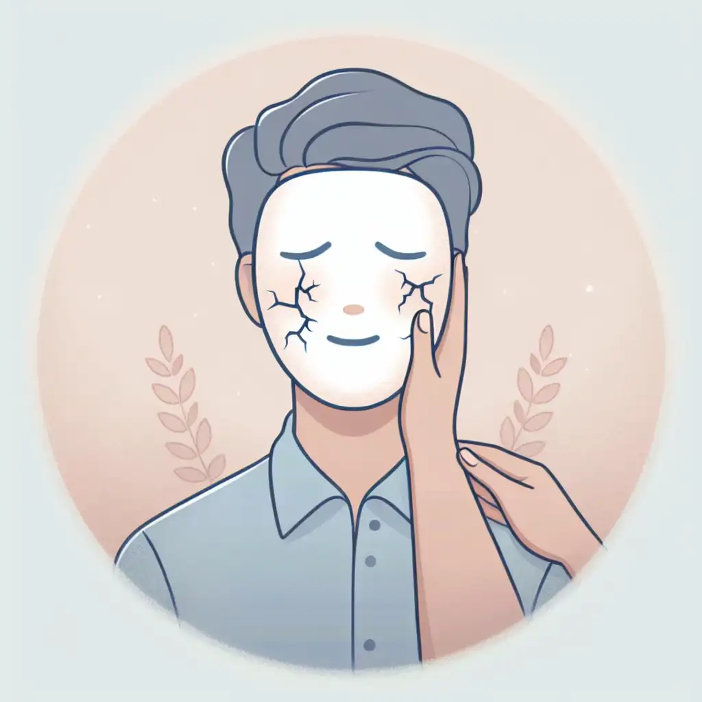 A cartoon illustration of a person wearing a mask that's cracking, symbolizing the fragile facade of a bully.