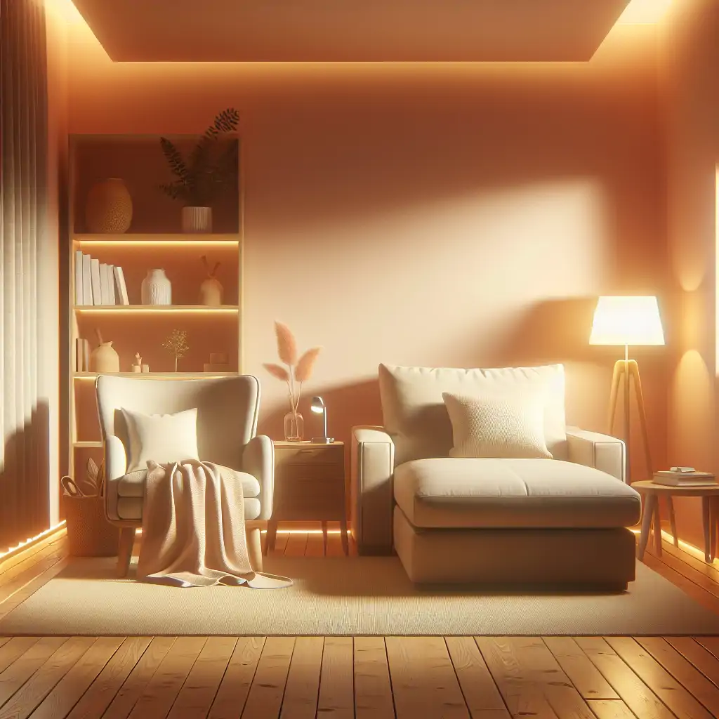 An image showing a comfortable therapy room with a couch and warm lighting.